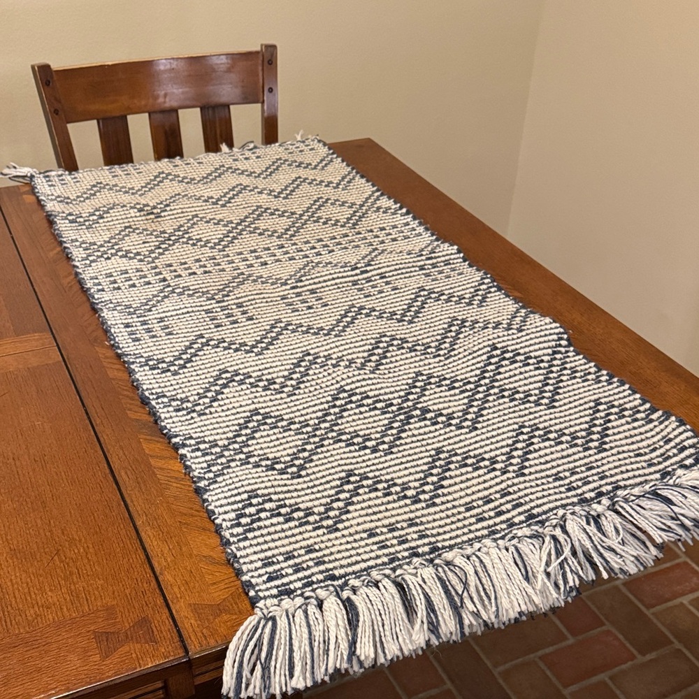 Woven‎ Table Runner with Fringe - Blue and White